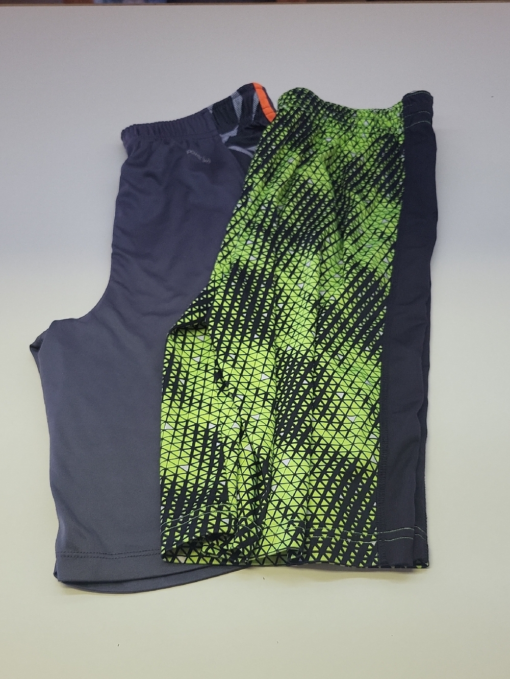 Youth Athletic Shorts - Neon Green Geometric & Charcoal With Orange